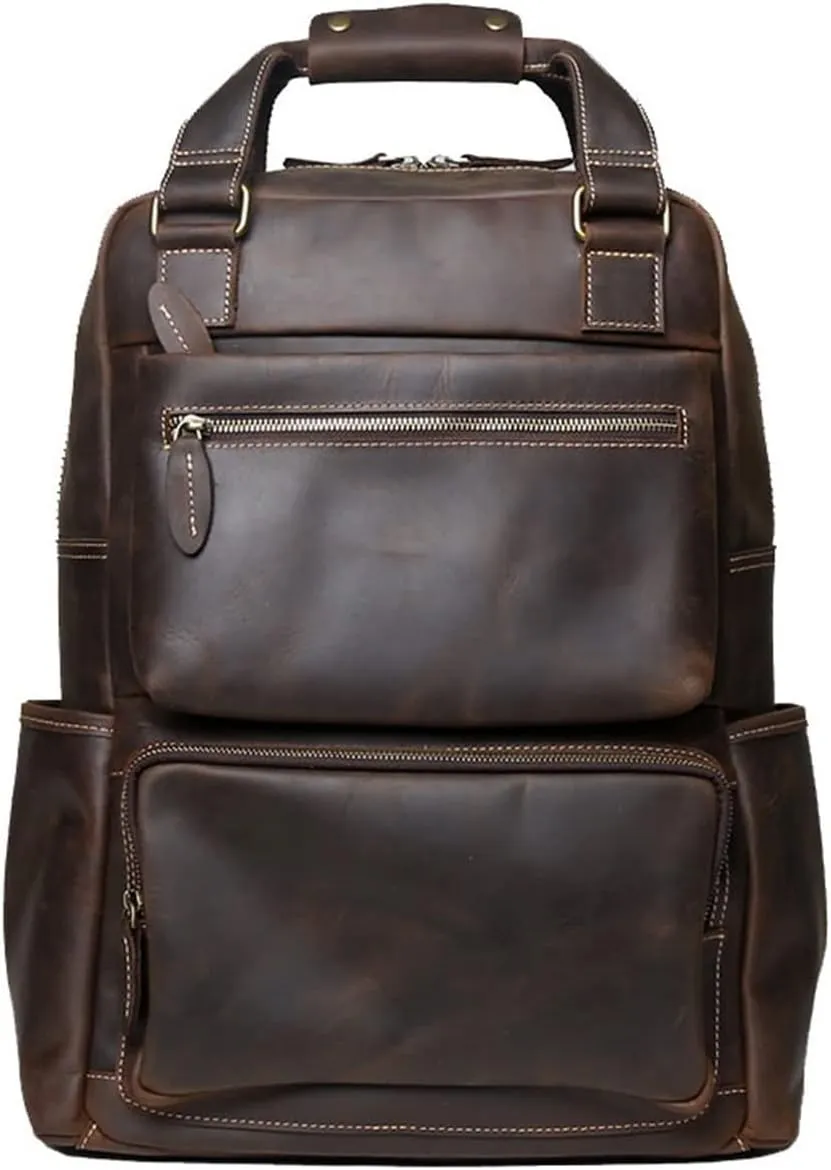 Hiking Daypacks Laptop Bags Cowhide Backpacks Mens Leather Casual Daypack Travel Bags Business Briefcases (Brown)