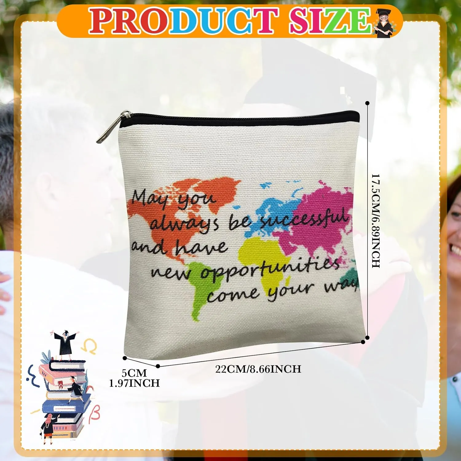 Hillban 12 Pack Inspirational Linen Makeup Bags Graduation Gift Cosmetic Bags Bulk with Zipper Travel Theme Party Favors Toiletry Pouch
