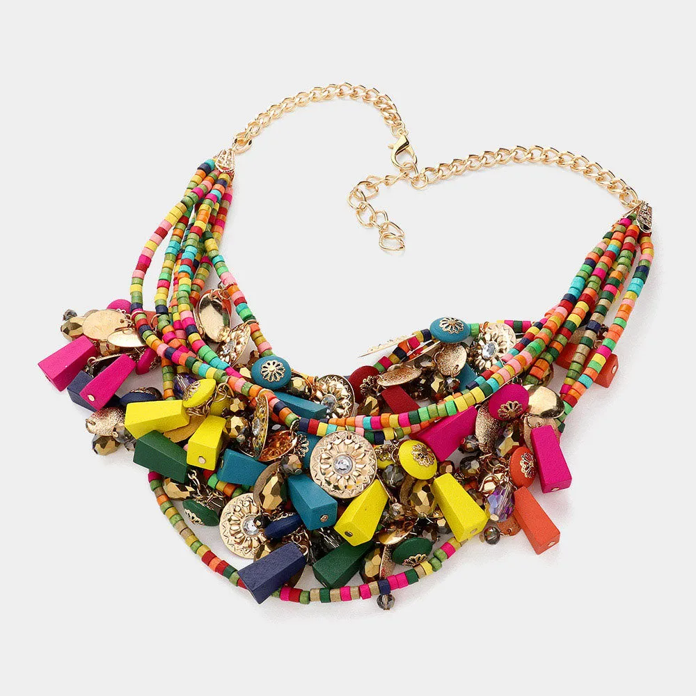 iLLASPARKZ Boho Style Wood Multi Beaded Statement Necklace