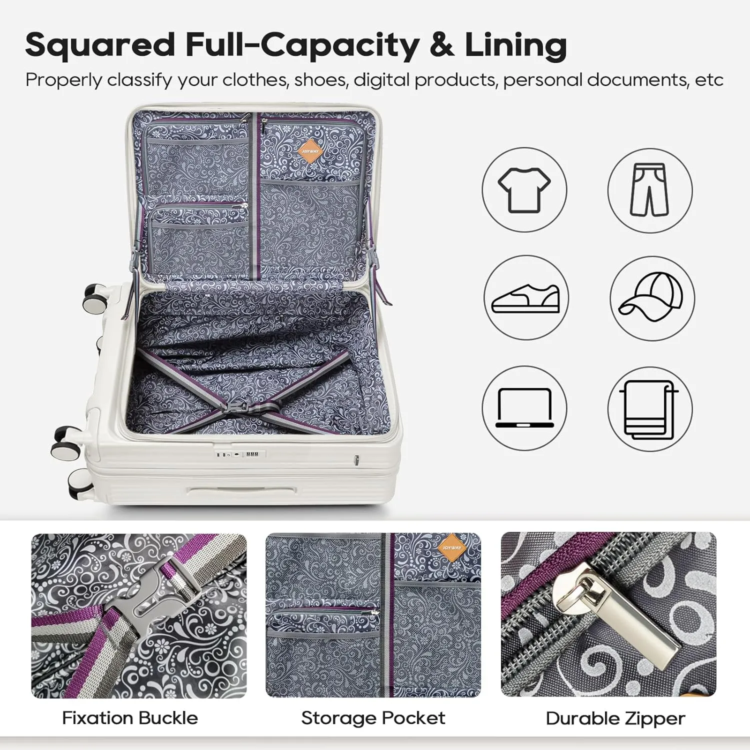 Joyway Luggage Sets 5 Piece with Front Pocket, PC Hardside Expandable Carry on Suitcase with Spinner Wheels and TSA Lock, White