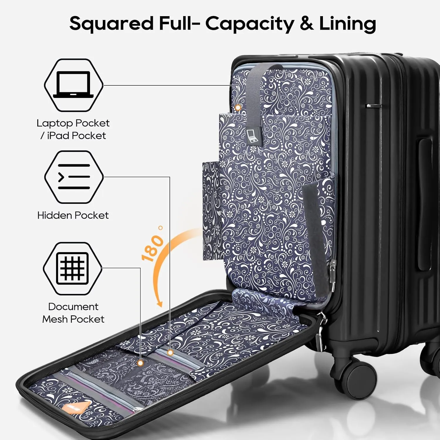Joyway Luggage Sets 5 Piece with Front Pocket, PC Hardside Expandable Carry on Suitcase with Spinner Wheels and TSA Lock,Black