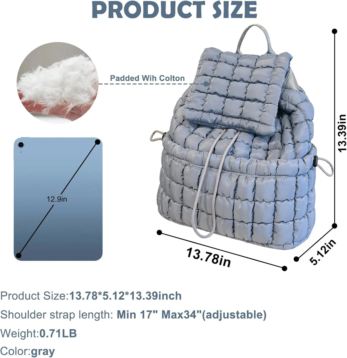 KJMYYXGS Quilted Puffer Backpack for Women Travel Lightweight String Backpack Drawstring Padding Gym Bag, Grey