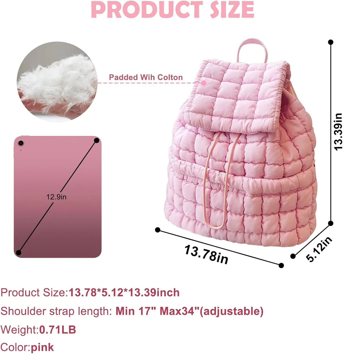 KJMYYXGS Quilted Puffer Backpack for Women Travel Lightweight String Backpack Drawstring Padding Gym Bag, Pink