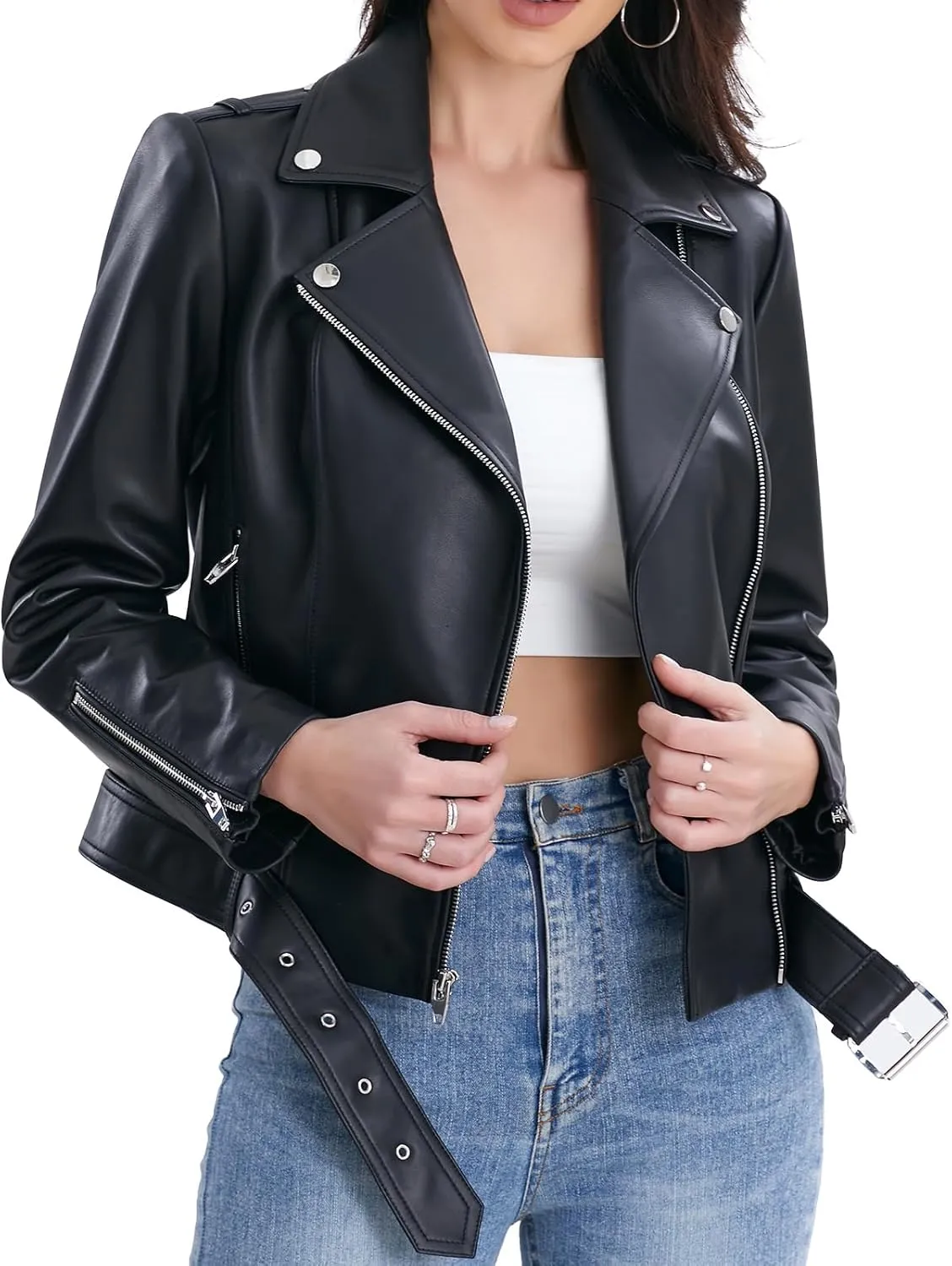 Lambskin Leather Jacket Women,Motorcycle Jacket,Classic Asymmetrical Zip Style,Buckle Belts,Multiple Pockets