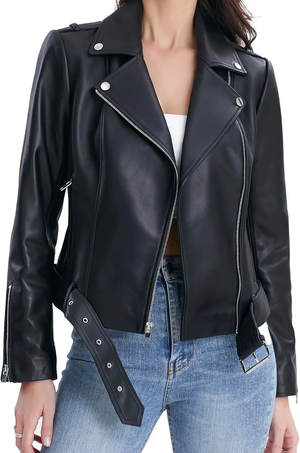 Lambskin Leather Jacket Women,Motorcycle Jacket,Classic Asymmetrical Zip Style,Buckle Belts,Multiple Pockets