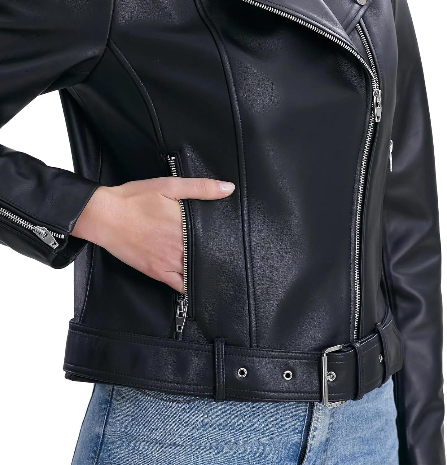 Lambskin Leather Jacket Women,Motorcycle Jacket,Classic Asymmetrical Zip Style,Buckle Belts,Multiple Pockets