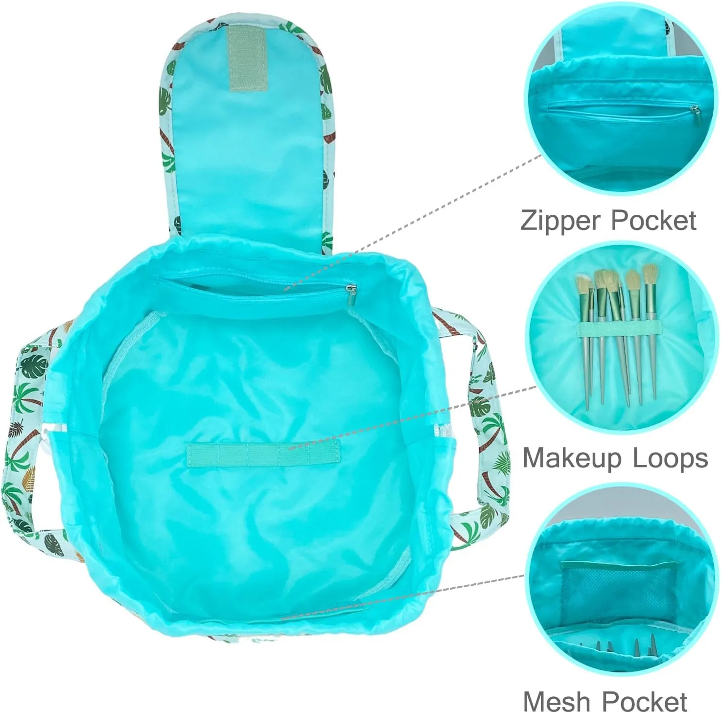 Large Barrel Drawstring Makeup Bag Travel Cosmetic Bag for Women - Portable Make Up Organizer Bag for Skin Care & Toiletries with Brush Holder & Pouch