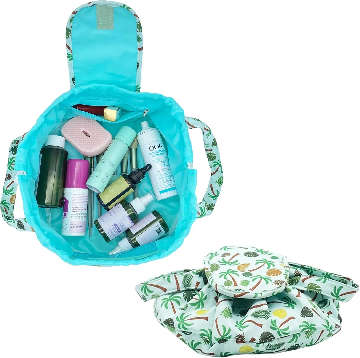 Large Barrel Drawstring Makeup Bag Travel Cosmetic Bag for Women - Portable Make Up Organizer Bag for Skin Care & Toiletries with Brush Holder & Pouch
