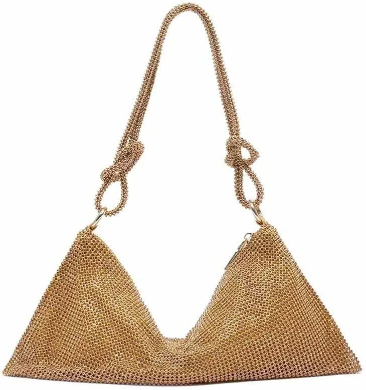 LAVAEGG Women Rhinestone Clutch Bag Hobo Bag, Shiny Purse Evening Handbag Underarm Shoulder Bags for Dinner Party Wedding (Gold)
