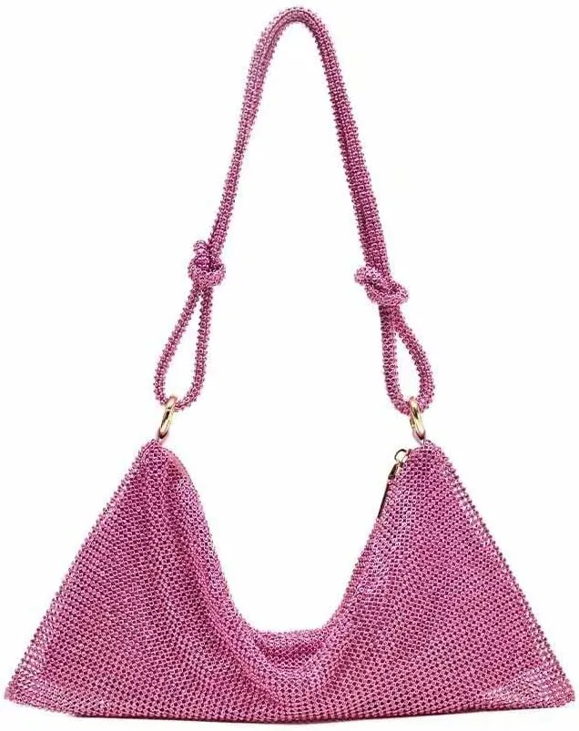 LAVAEGG Women Rhinestone Clutch Bag Hobo Bag, Shiny Purse Evening Handbag Underarm Shoulder Bags for Dinner Party Wedding (Pink)