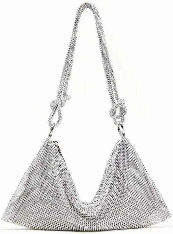 LAVAEGG Women Rhinestone Clutch Bag Hobo Bag, Shiny Purse Evening Handbag Underarm Shoulder Bags for Dinner Party Wedding (Silver)