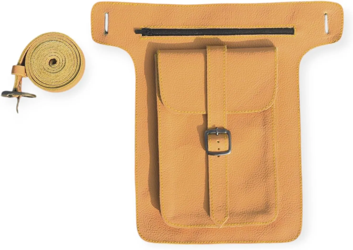 Leather Waist Belt Bag, Double Side Fanny Pack with Multiple Pockets (Light Tan)