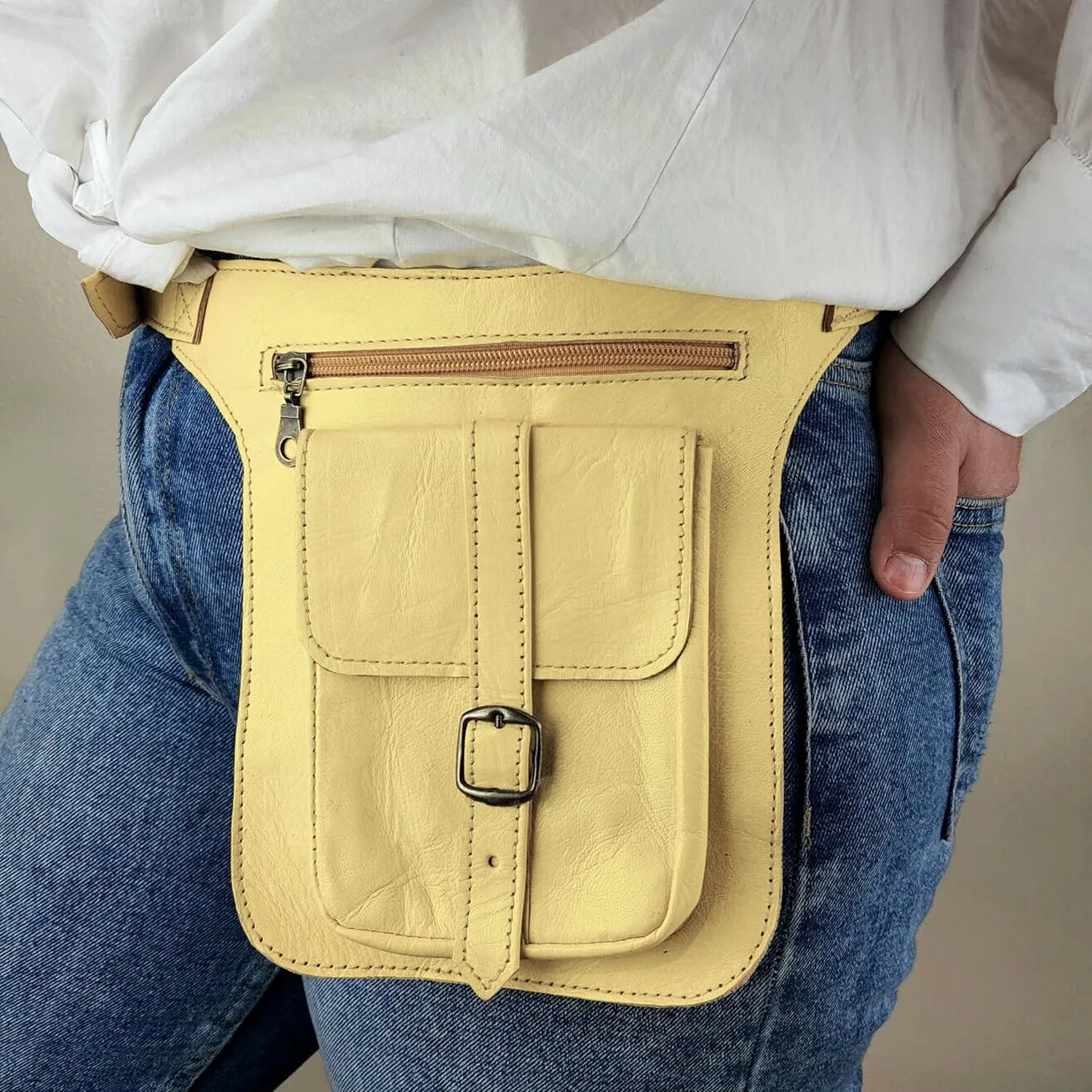 Leather Waist Belt Bag, Double Side Fanny Pack with Multiple Pockets (Peach)