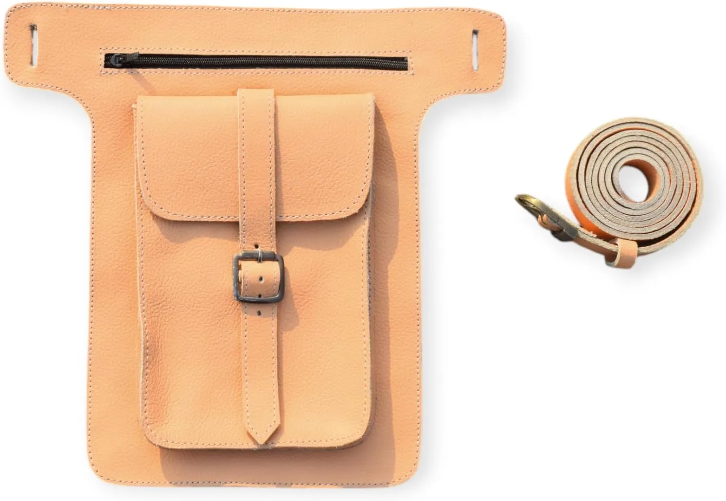 Leather Waist Belt Bag, Double Side Fanny Pack with Multiple Pockets (Peach)