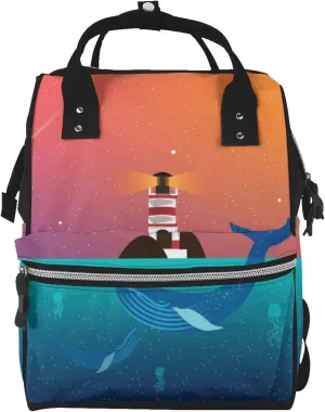 Lighthouse and Whale Diaper Bag Backpack Large Capacity Multifunction with Insulated Pockets Waterproof Baby Diaper Bags Baby Travel Essentials for Dads, Moms, Newborns
