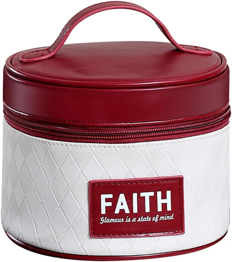 Makeup Bag, Top Handle Cosmetic Case, Compact Travel Bag Organizer for Makeup, Round Pu Leather Makeup Case with Compartment (Wine Red)
