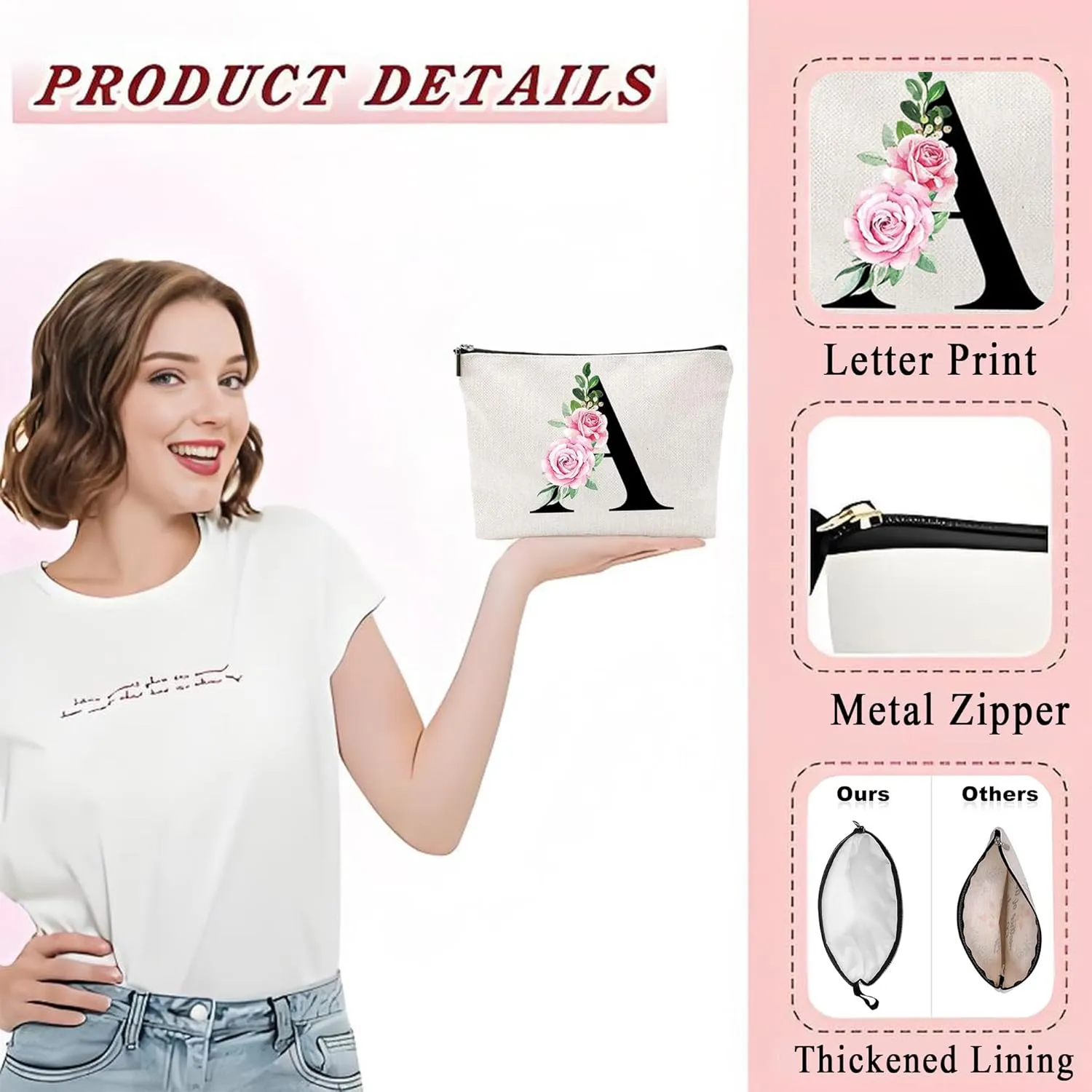 Makeup Bags for Women, Funny Monogram Cosmetic Bags Cute Daily Make Up Bags Letter A-Z Toiletry Pouch Christmas Day Thanksgiving Mother's Day Birthday Gifts