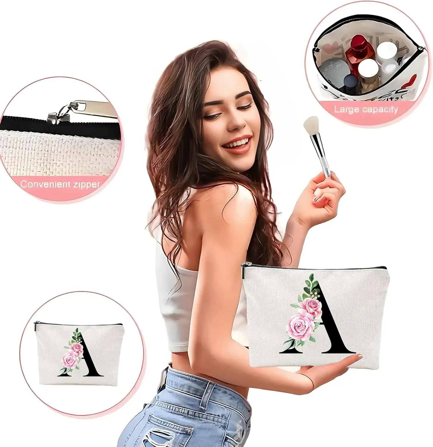 Makeup Bags for Women, Funny Monogram Cosmetic Bags Cute Daily Make Up Bags Letter A-Z Toiletry Pouch Christmas Day Thanksgiving Mother's Day Birthday Gifts