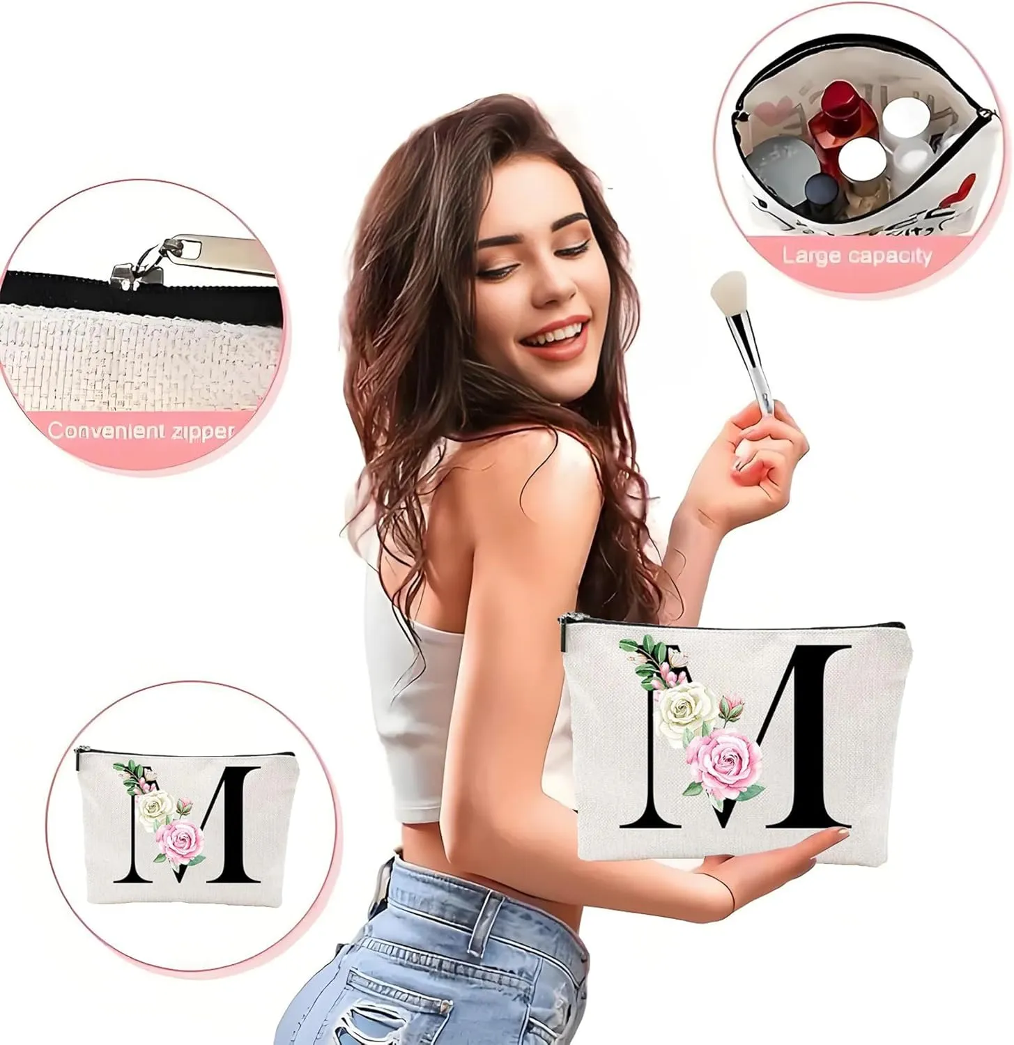 Makeup Bags for Women,Cute Daily Make Up Bags Funny Monogram Cosmetic Bags Letter A-Z Toiletry Pouch Thanksgiving Christmas Day Mother's Day Birthday Gifts