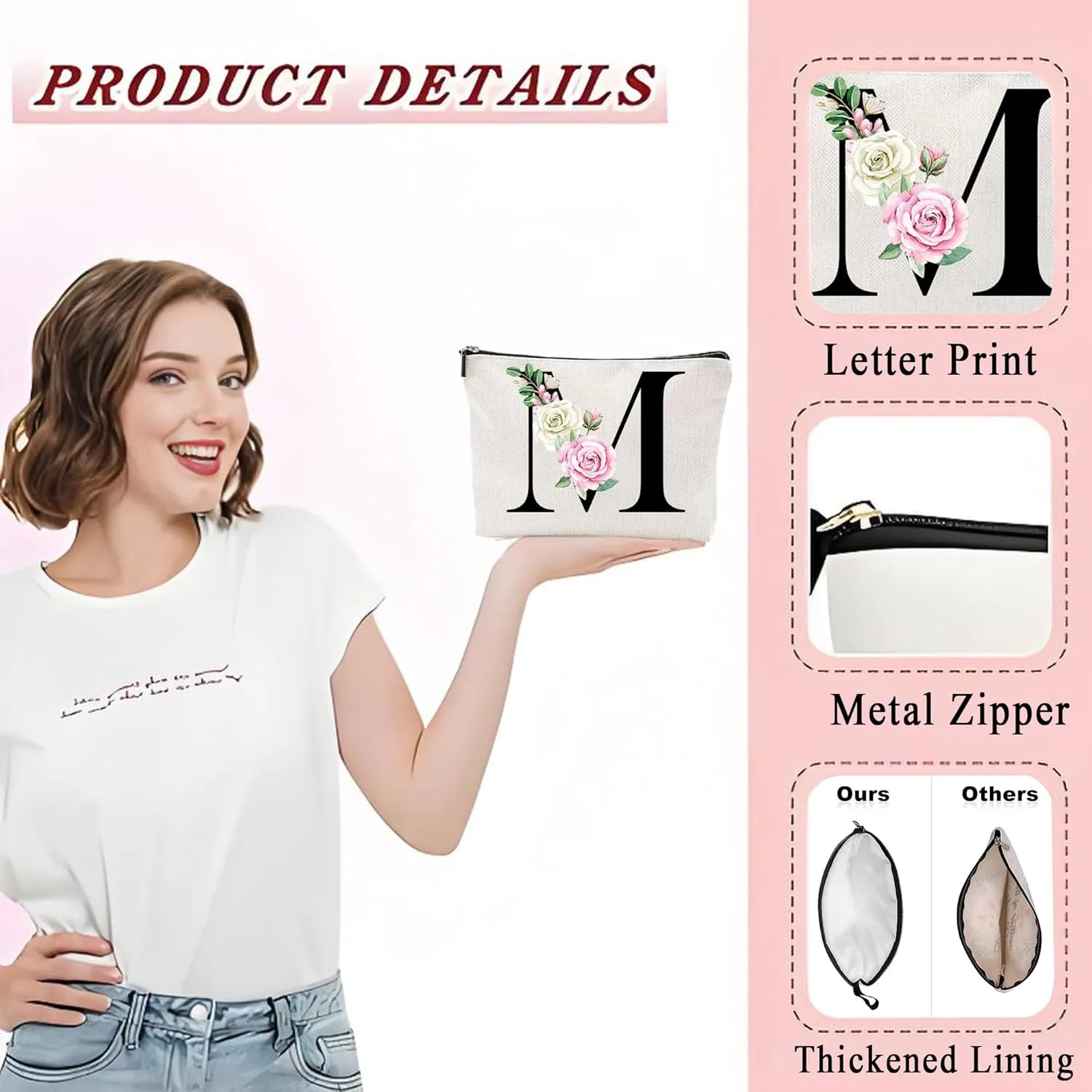 Makeup Bags for Women,Cute Daily Make Up Bags Funny Monogram Cosmetic Bags Letter A-Z Toiletry Pouch Thanksgiving Christmas Day Mother's Day Birthday Gifts