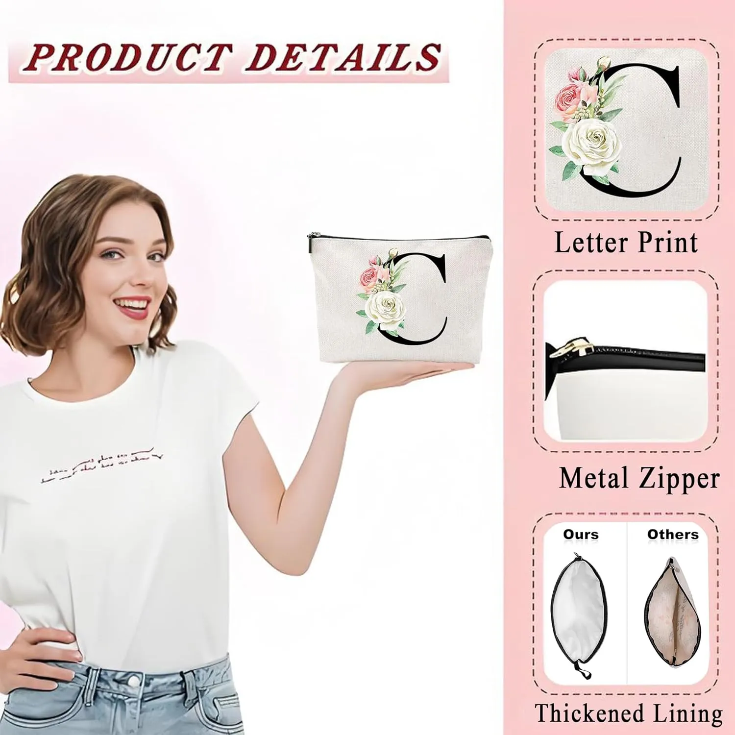 Makeup Bags for Women,Cute Daily Make Up Bags Funny Monogram Cosmetic Bags Letter A-Z Toiletry Pouch Thanksgiving Christmas Day Mother's Day Birthday Gifts