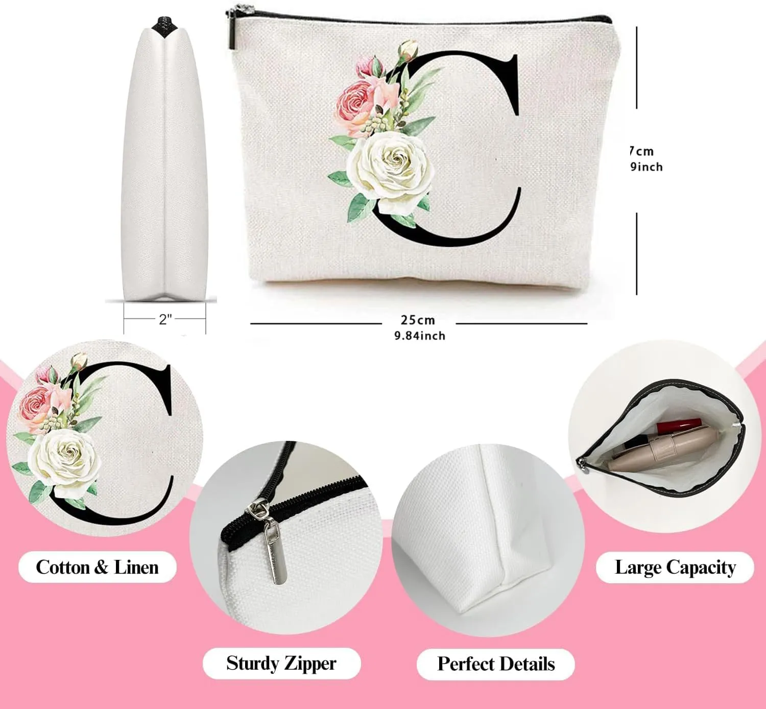 Makeup Bags for Women,Cute Daily Make Up Bags Funny Monogram Cosmetic Bags Letter A-Z Toiletry Pouch Thanksgiving Christmas Day Mother's Day Birthday Gifts