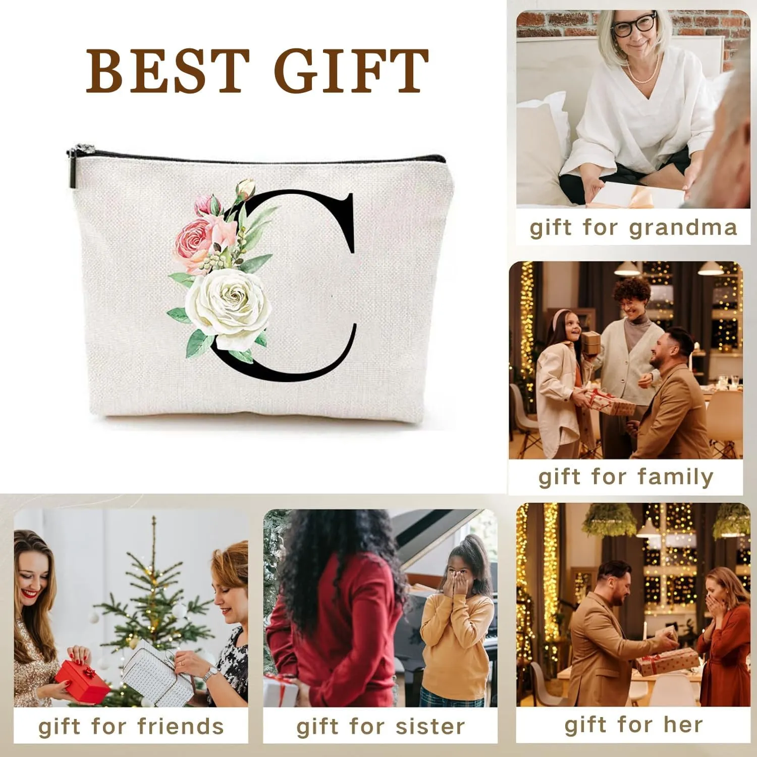 Makeup Bags for Women,Cute Daily Make Up Bags Funny Monogram Cosmetic Bags Letter A-Z Toiletry Pouch Thanksgiving Christmas Day Mother's Day Birthday Gifts