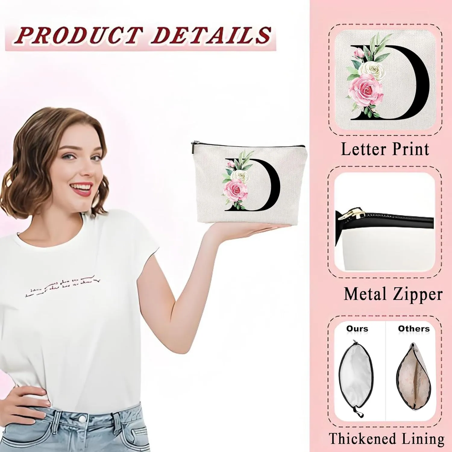 Makeup Bags for Women,Cute Daily Make Up Bags Funny Monogram Cosmetic Bags Letter A-Z Toiletry Pouch Thanksgiving Christmas Day Mother's Day Birthday Gifts