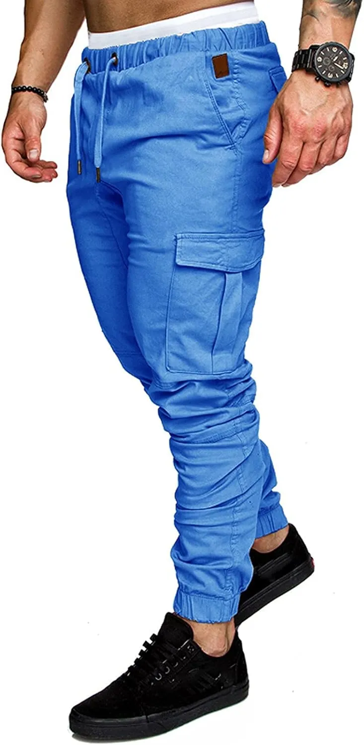Men's Casual Cargo Pants Cotton Tapered Stretch Elastic Drawstring Trousers with Multiple Pockets