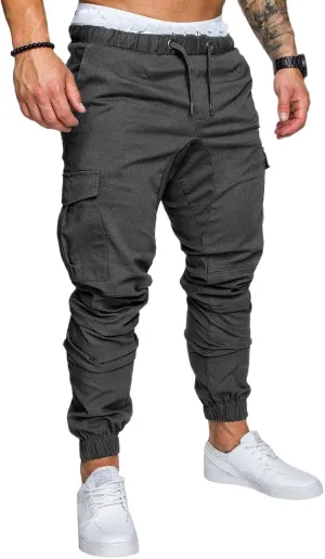 Men's Casual Cargo Pants Cotton Tapered Stretch Elastic Drawstring Trousers with Multiple Pockets