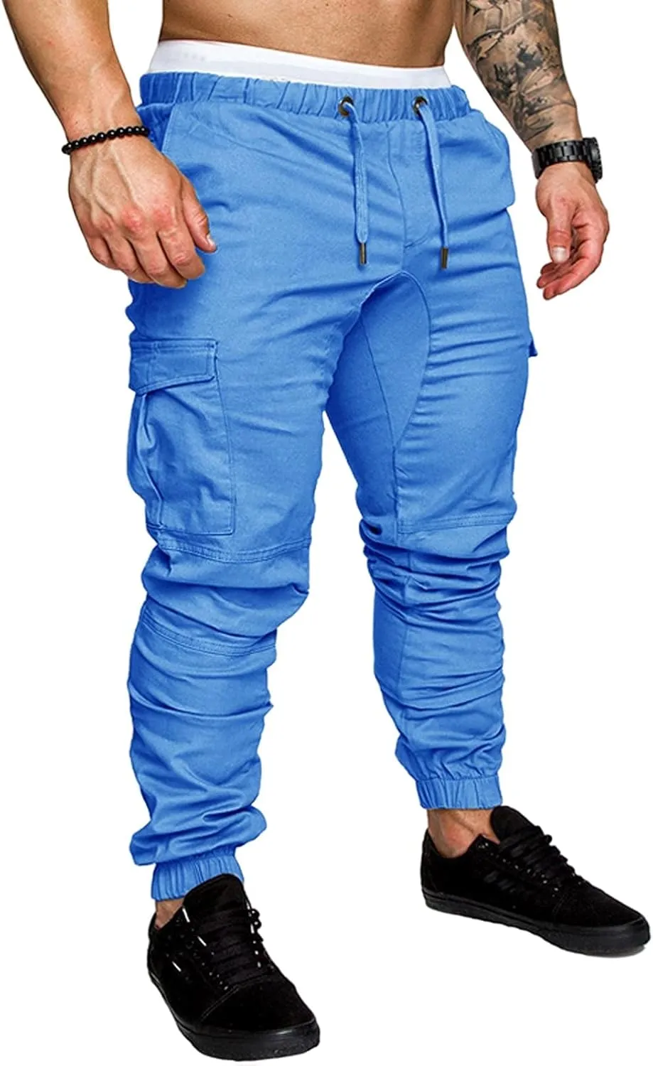 Men's Casual Cargo Pants Cotton Tapered Stretch Elastic Drawstring Trousers with Multiple Pockets
