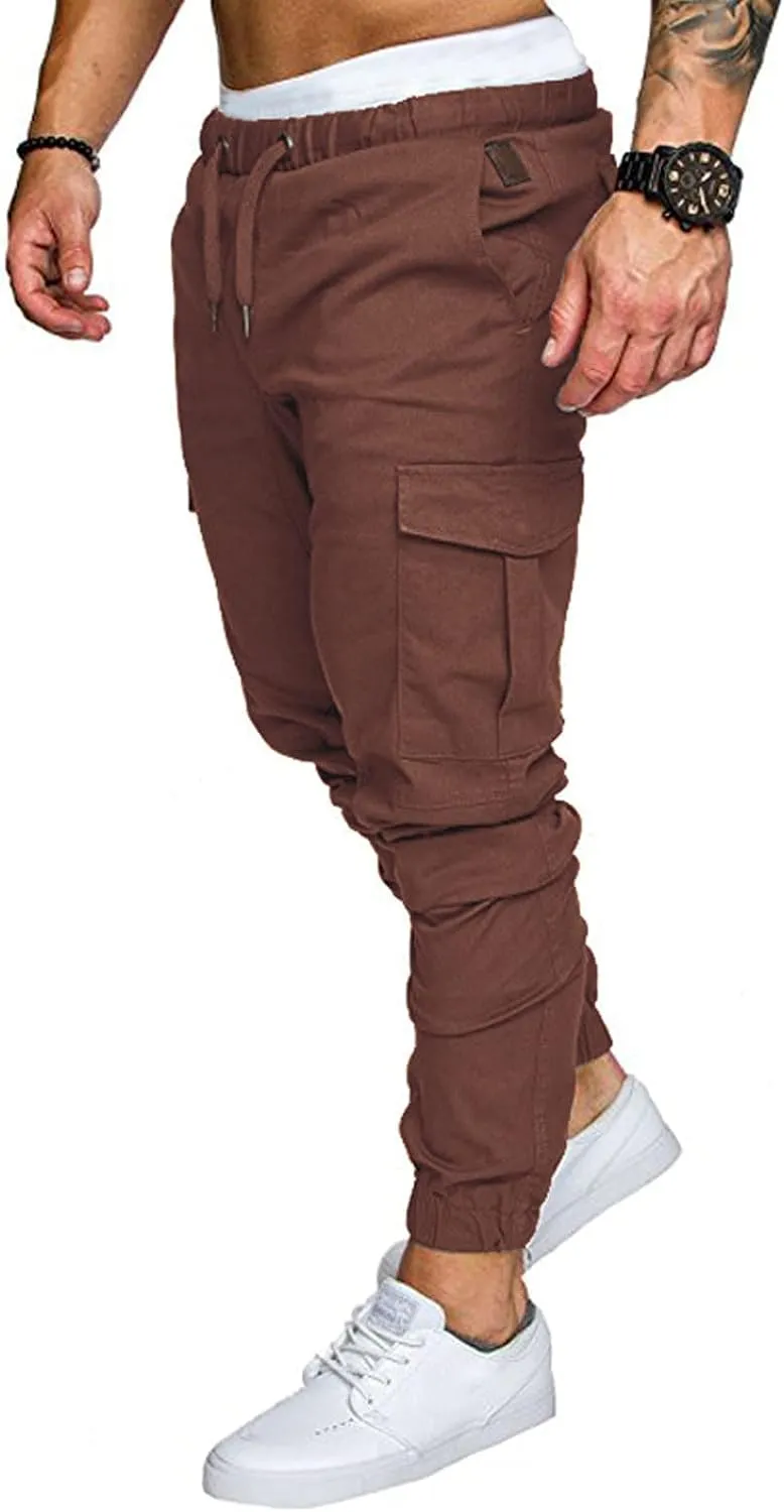 Men's Casual Cargo Pants Cotton Tapered Stretch Elastic Drawstring Trousers with Multiple Pockets