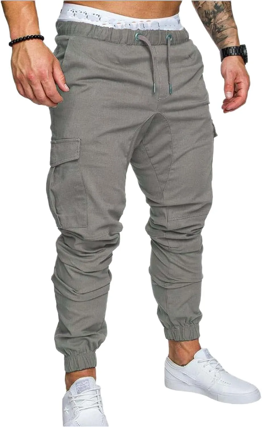 Men's Casual Cargo Pants Cotton Tapered Stretch Elastic Drawstring Trousers with Multiple Pockets
