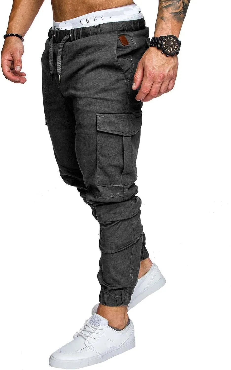 Men's Casual Cargo Pants Cotton Tapered Stretch Elastic Drawstring Trousers with Multiple Pockets