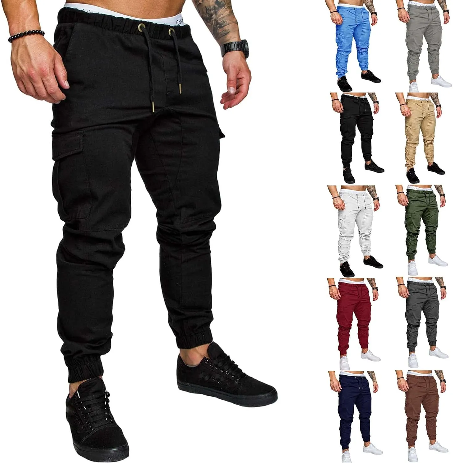 Men's Casual Cargo Pants Cotton Tapered Stretch Elastic Drawstring Trousers with Multiple Pockets