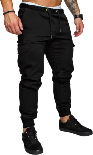 Men's Casual Cargo Pants Cotton Tapered Stretch Elastic Drawstring Trousers with Multiple Pockets