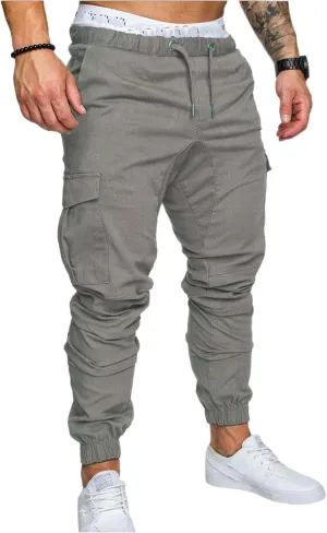 Men's Casual Cargo Pants Cotton Tapered Stretch Elastic Drawstring Trousers with Multiple Pockets