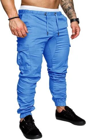 Men's Casual Cargo Pants Cotton Tapered Stretch Elastic Drawstring Trousers with Multiple Pockets