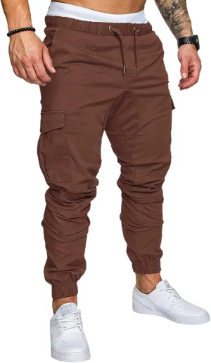 Men's Casual Cargo Pants Cotton Tapered Stretch Elastic Drawstring Trousers with Multiple Pockets