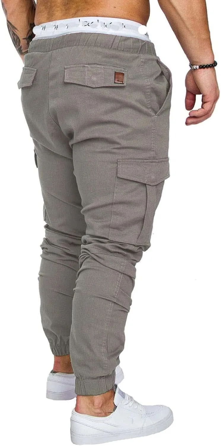 Men's Casual Cargo Pants Cotton Tapered Stretch Elastic Drawstring Trousers with Multiple Pockets