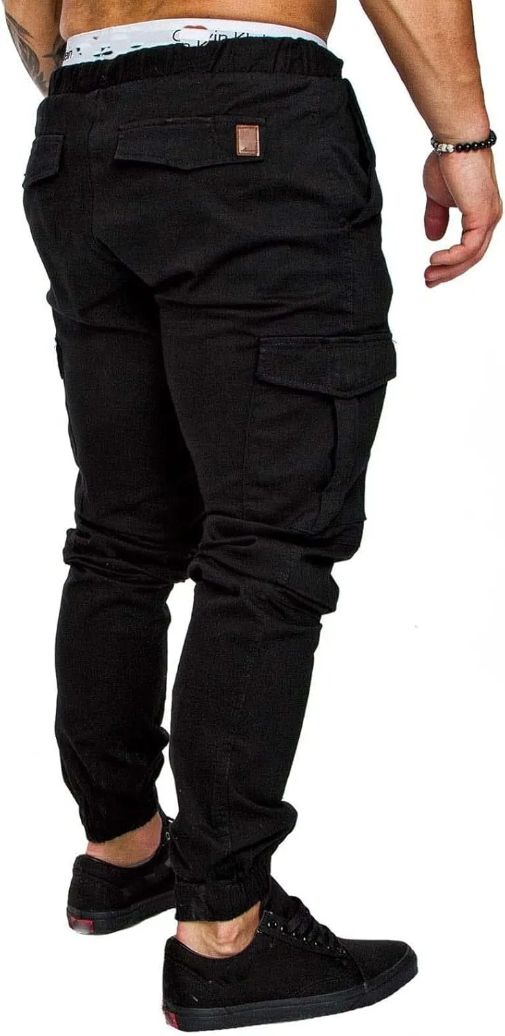 Men's Casual Cargo Pants Cotton Tapered Stretch Elastic Drawstring Trousers with Multiple Pockets