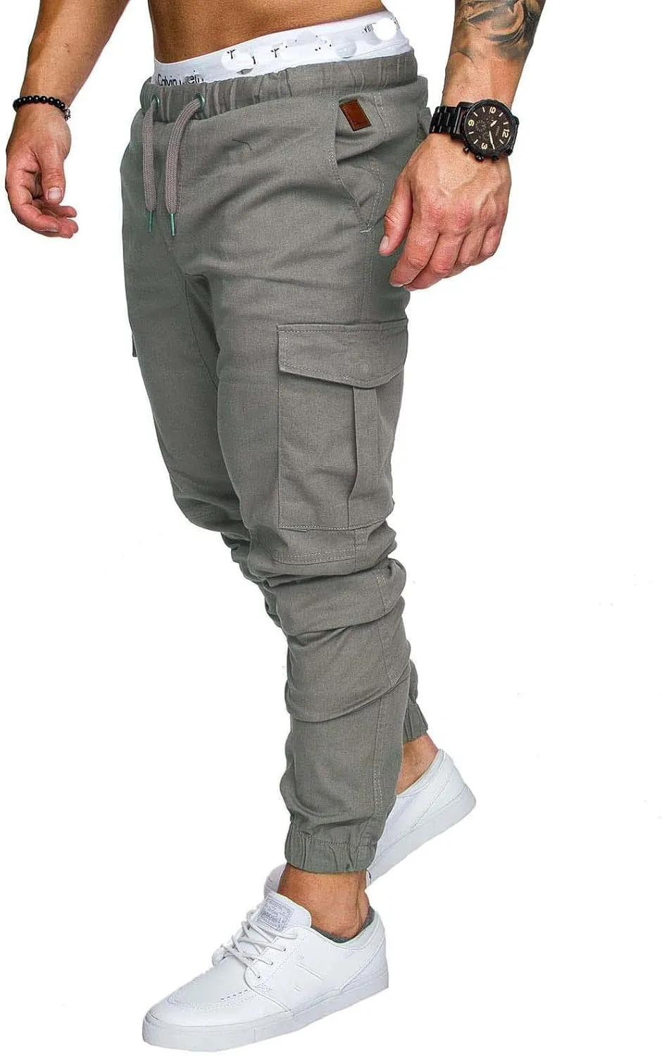 Men's Casual Cargo Pants Cotton Tapered Stretch Elastic Drawstring Trousers with Multiple Pockets
