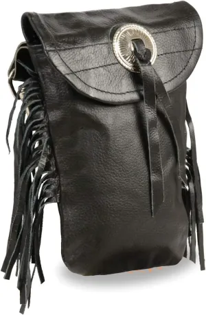 Milwaukee Leather SH506F Unisex Black Leather Belt Bag with Fringe and Concho