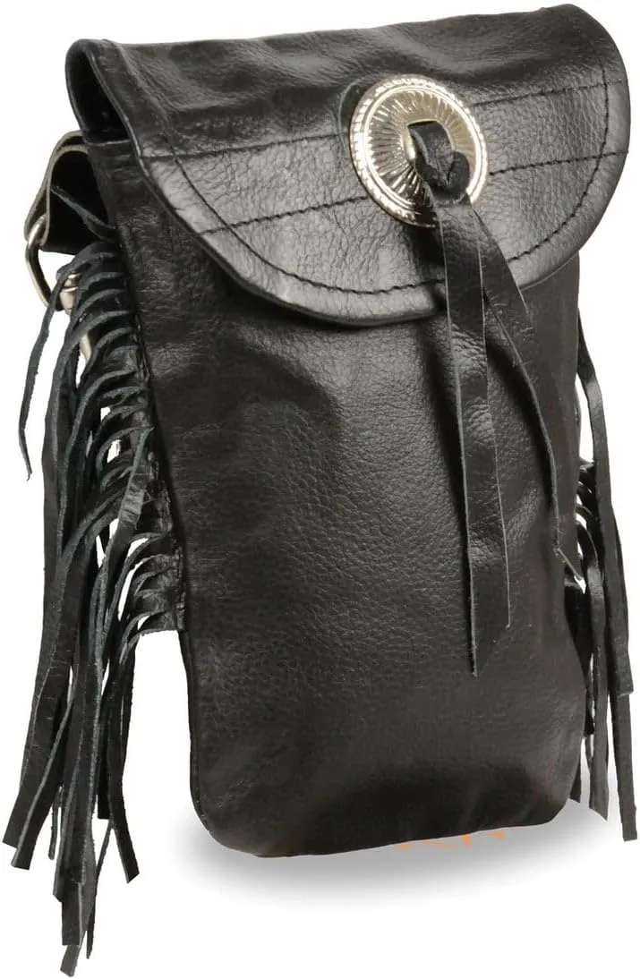 Milwaukee Leather SH506F Unisex Black Leather Belt Bag with Fringe and Concho