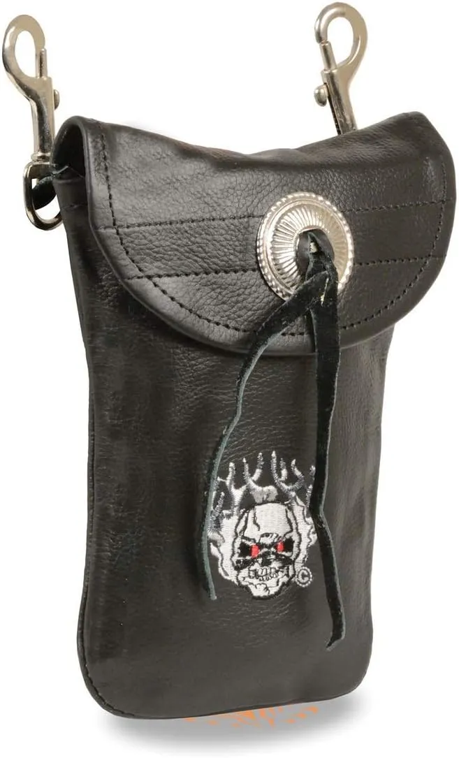 Milwaukee Leather SH506FS Unisex Black Leather Belt Bag with Flaming Skull Embroidery and Concho