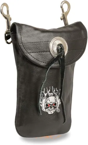 Milwaukee Leather SH506FS Unisex Black Leather Belt Bag with Flaming Skull Embroidery and Concho