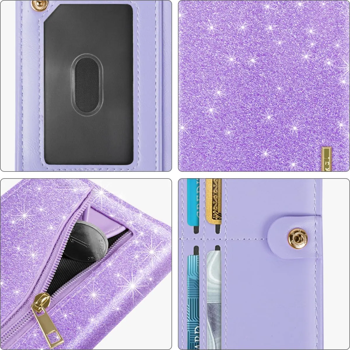Minimalist Bifold Wallet RFID Blocking Slim Cute Credit Card Holder Compact Leather Wallet Ladies Purse for Handbag, Purple Glitter