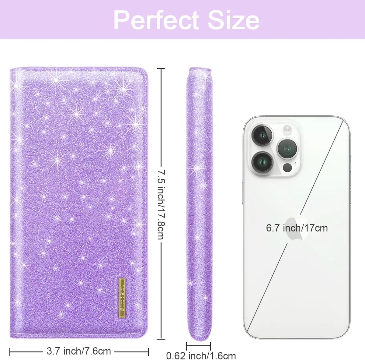 Minimalist Bifold Wallet RFID Blocking Slim Cute Credit Card Holder Compact Leather Wallet Ladies Purse for Handbag, Purple Glitter