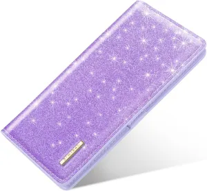 Minimalist Bifold Wallet RFID Blocking Slim Cute Credit Card Holder Compact Leather Wallet Ladies Purse for Handbag, Purple Glitter