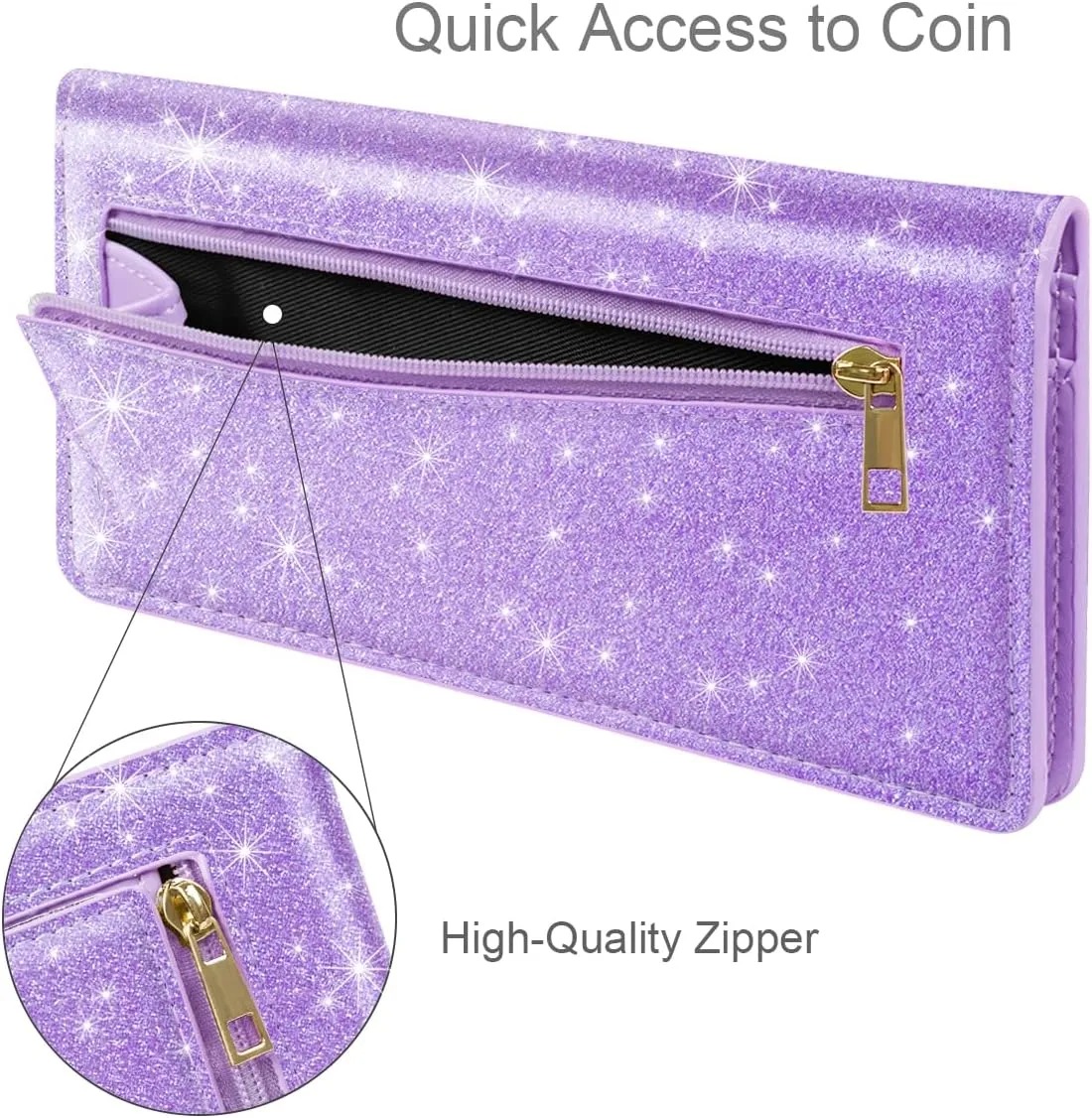 Minimalist Bifold Wallet RFID Blocking Slim Cute Credit Card Holder Compact Leather Wallet Ladies Purse for Handbag, Purple Glitter